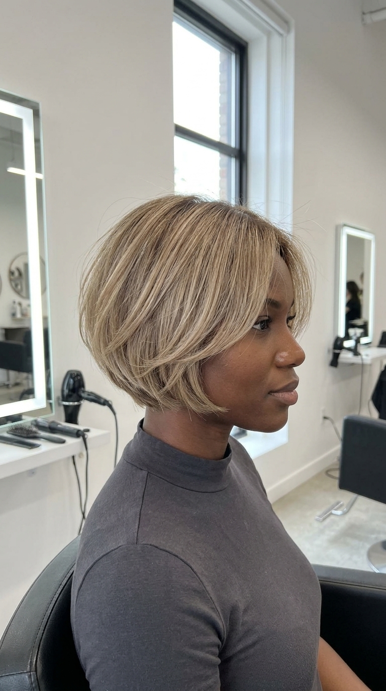 short linen blonde bixie with babylights and feathered texture for summer