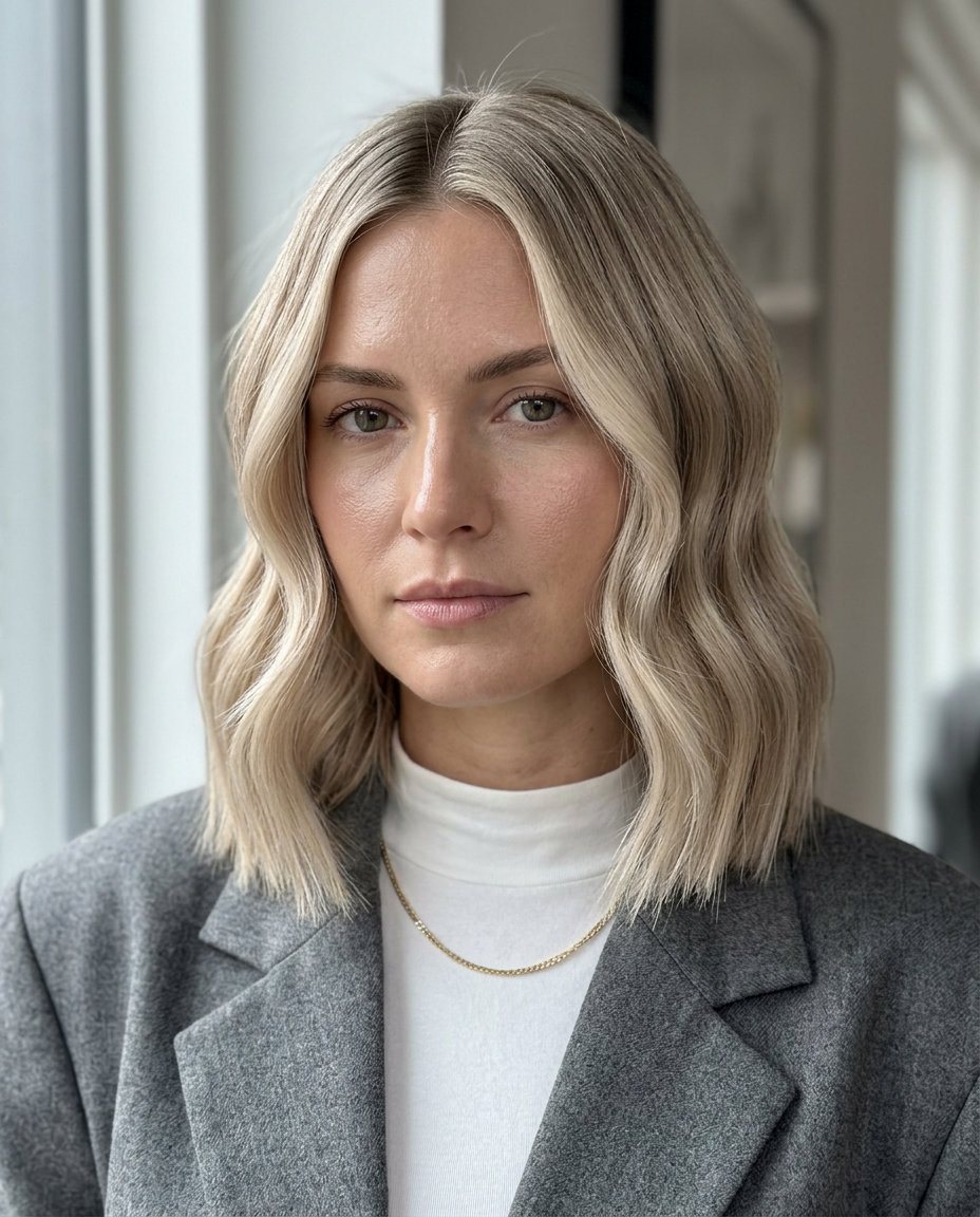 shoulder-length wavy hairstyle with linen blonde, ash brown root and blunt cut for daily wear