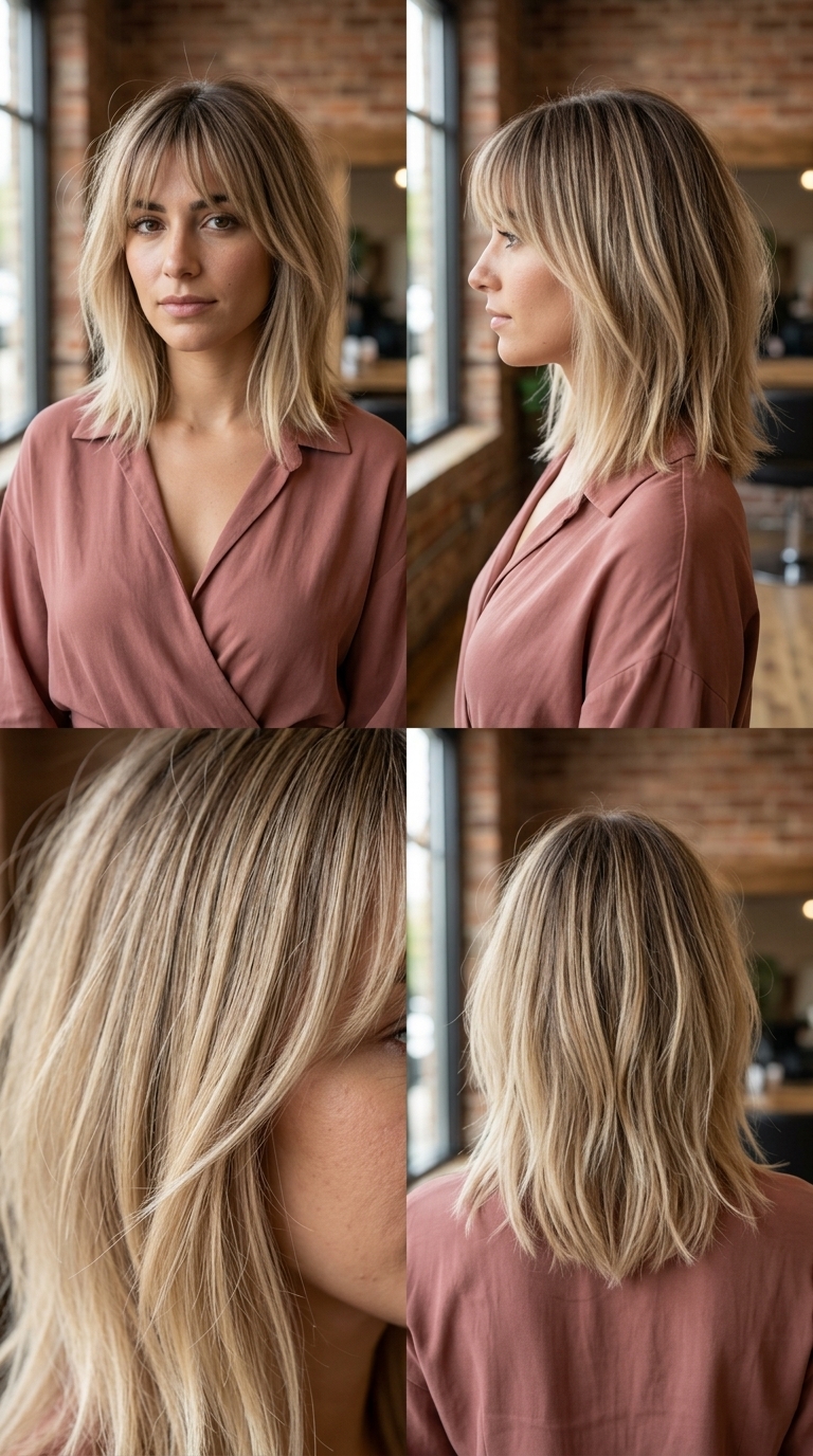shoulder-length linen blonde lob haircut with soft layers and piecey bangs