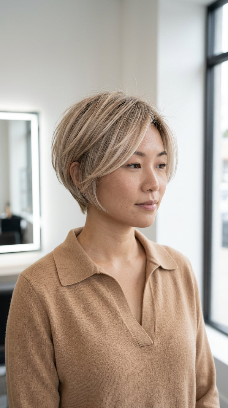 very short pixie haircut with neutral beige blonde, pearl-beige toner, razored layers — effortless chic daily wear