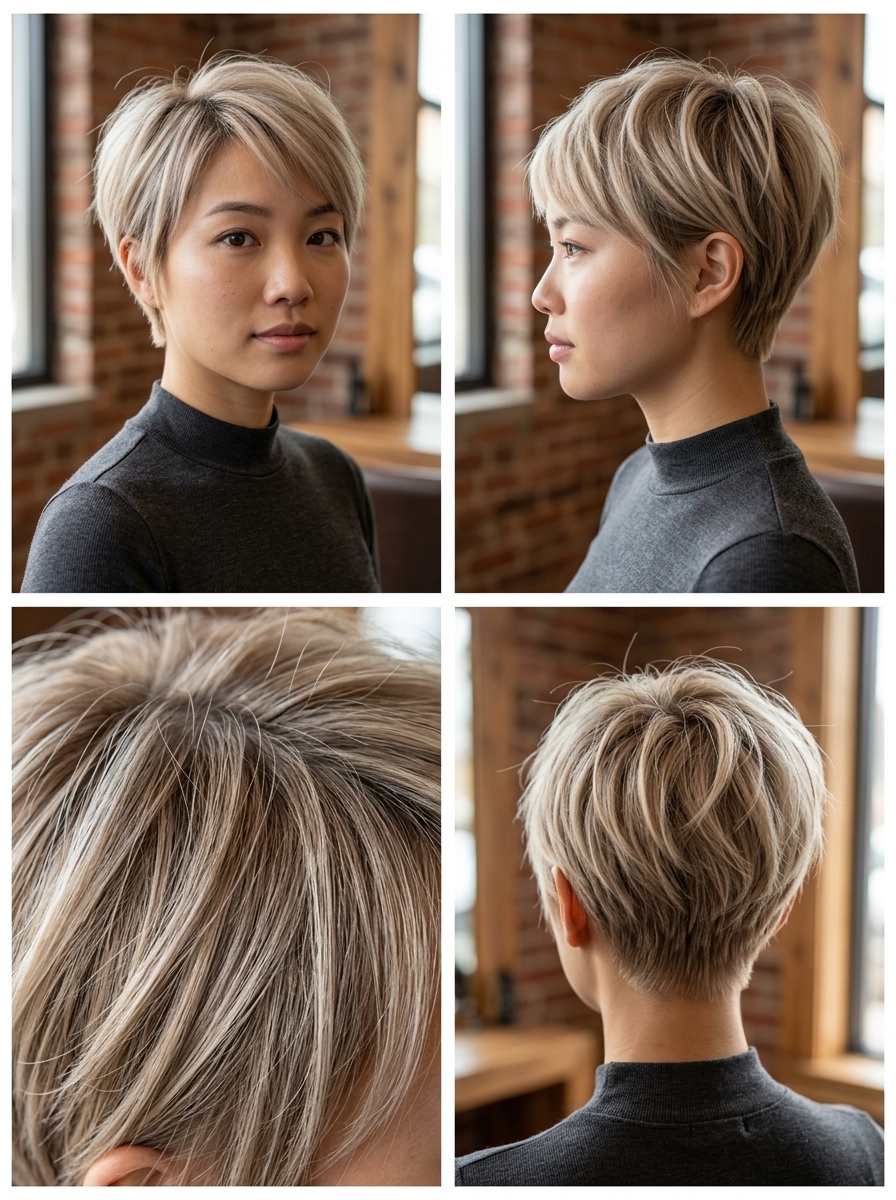 very short pixie haircut with neutral beige blonde, soft root smudge, wispy layers — minimalist chic daily