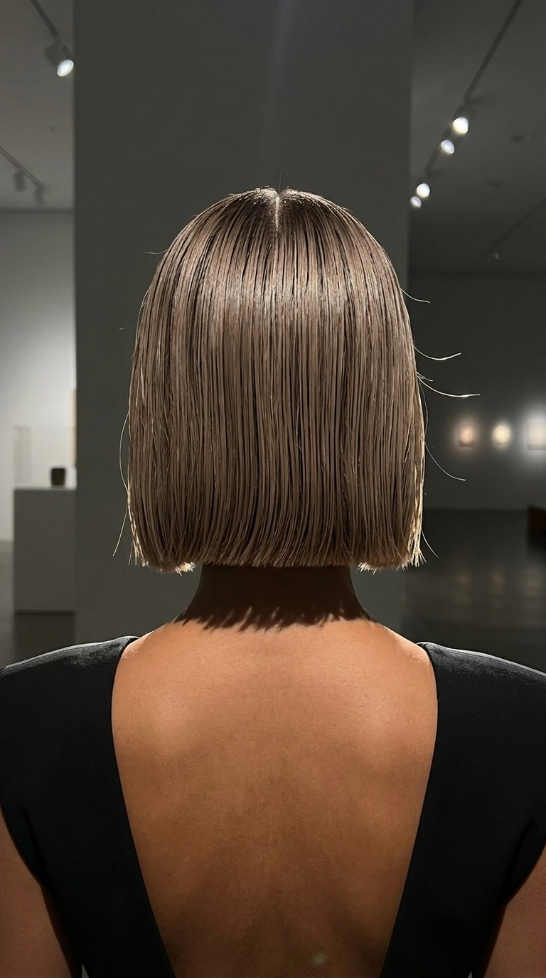 chin-length bob heatless hairstyle with linen brown color, blunt one-length perimeter for wet look — modern sculpted