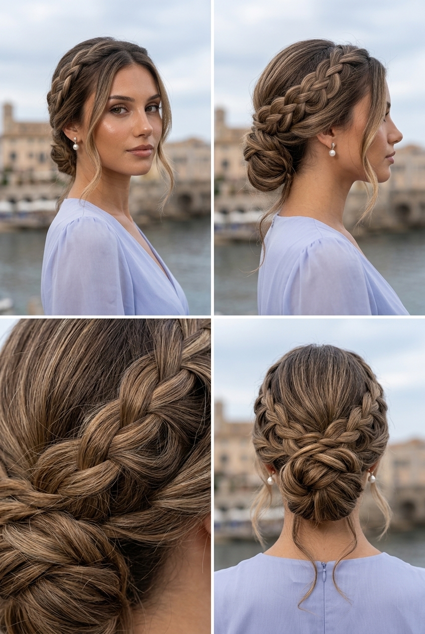 Victorian Garden Waterfall Braid 2026 long braided updo with linen brown and beige, graceful waterfall braid, no fringe — garden party ready