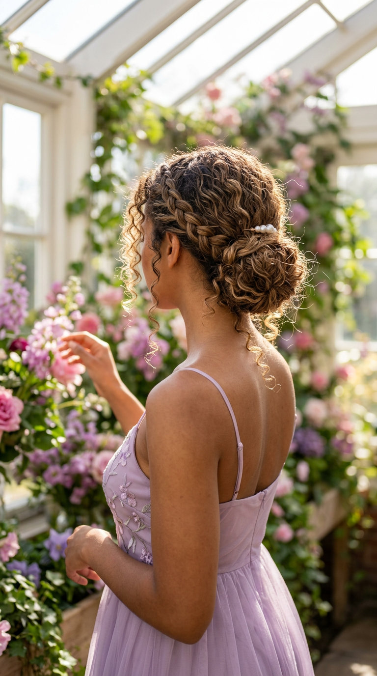 long linen brown braided updo with tendrils for wedding guest