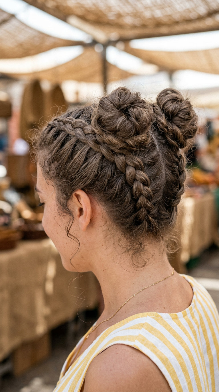 Playful Linen Brown Double Dutch Braid Buns 2026 long linen brown braided updo with cool undertones, double Dutch braid buns for music festival