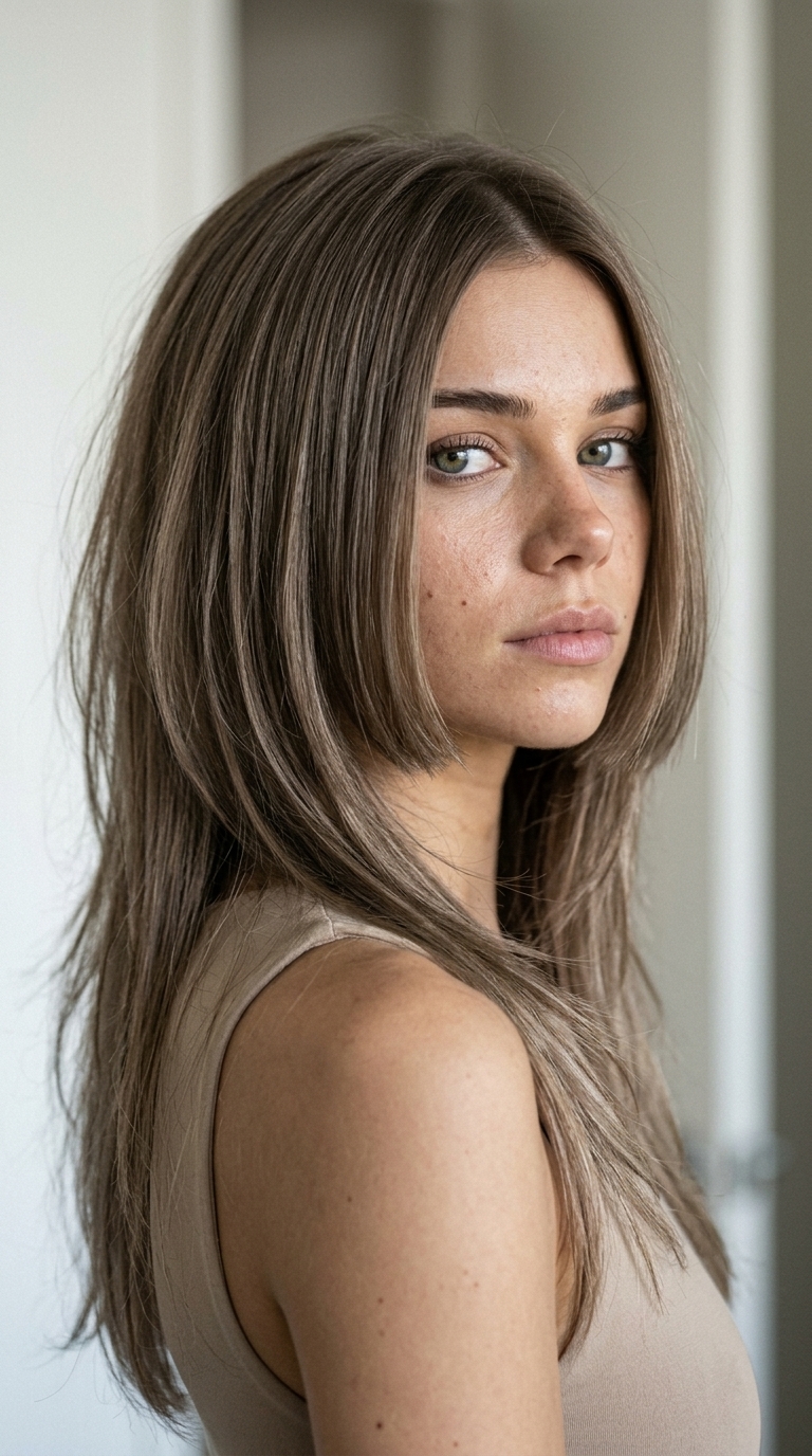 long jellyfish wolf cut in muted taupe with razored layers and blunt chin-length top for edgy sophistication
