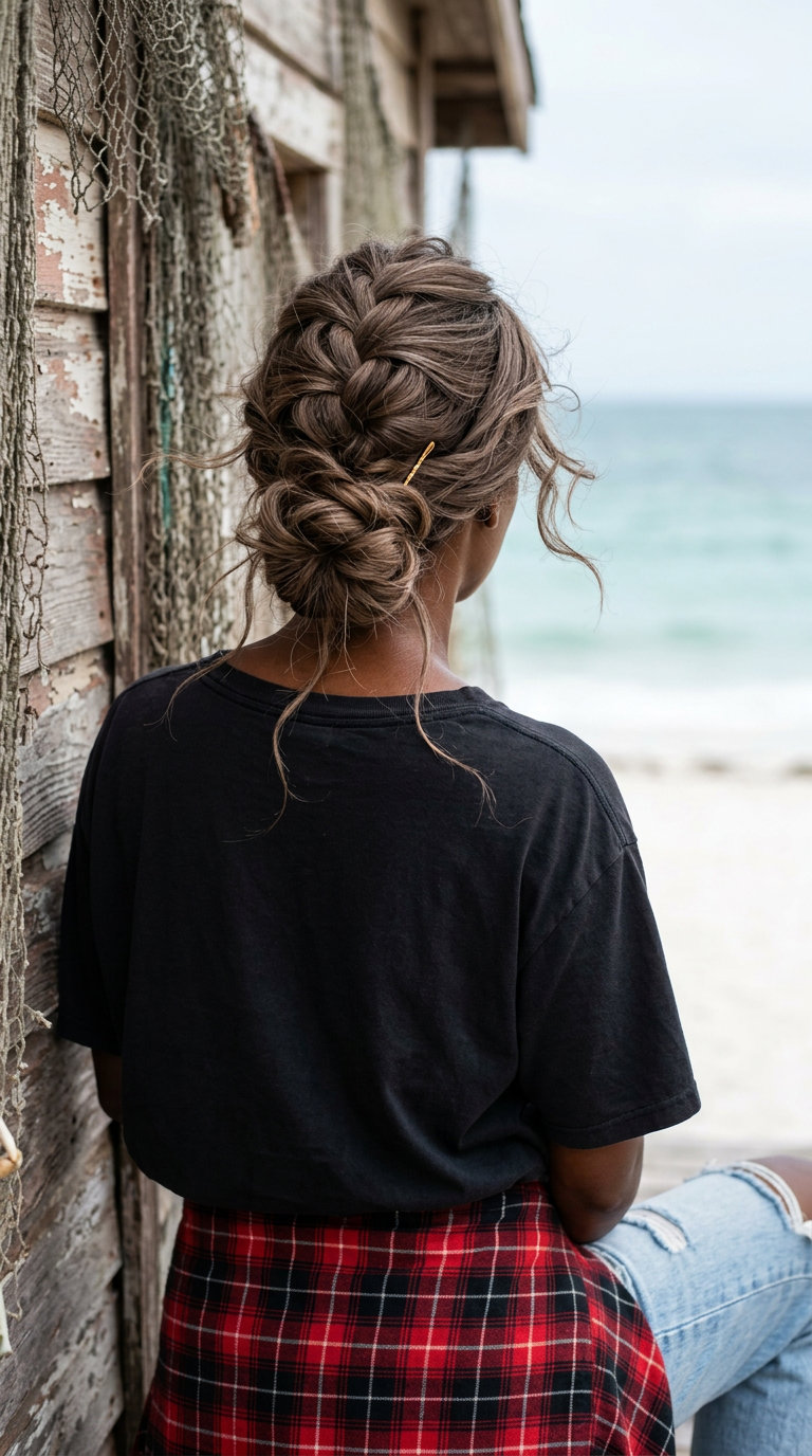 'Undone' Grunge Braided Updo 2026 long messy braided updo in linen brown for music festival