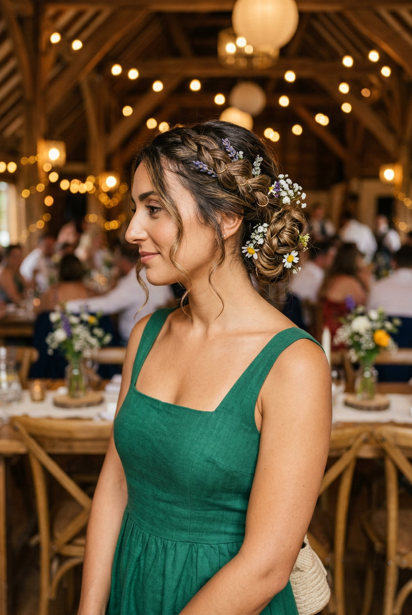 medium linen brown braided bun with wildflowers for wedding guest