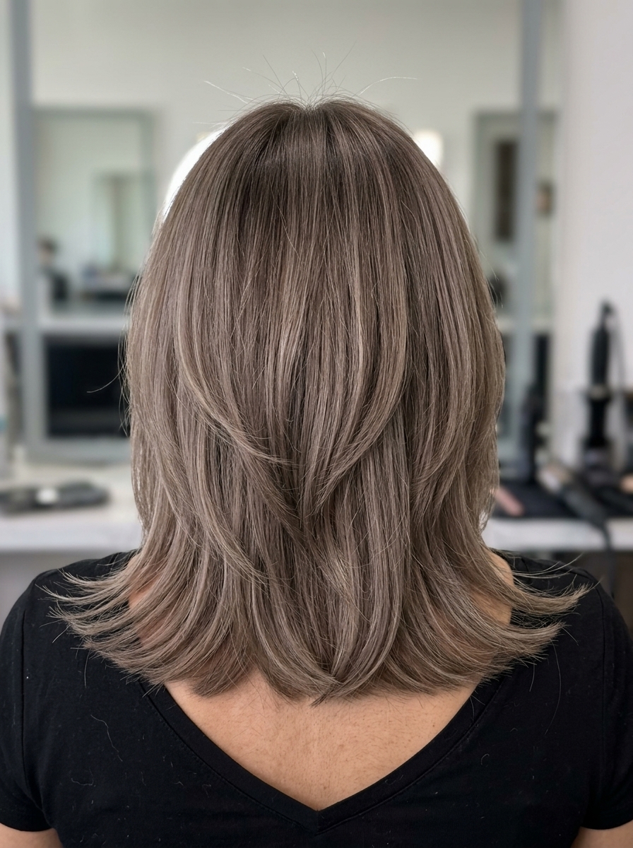 medium wolf cut in linen brown with ash undertones and subtle lowlights