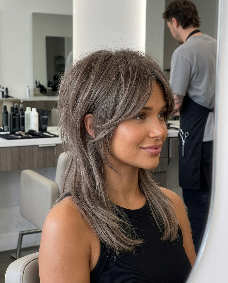 medium wolf cut in linen brown with silver undertones, razored layers, disconnected tail — retro grunge style