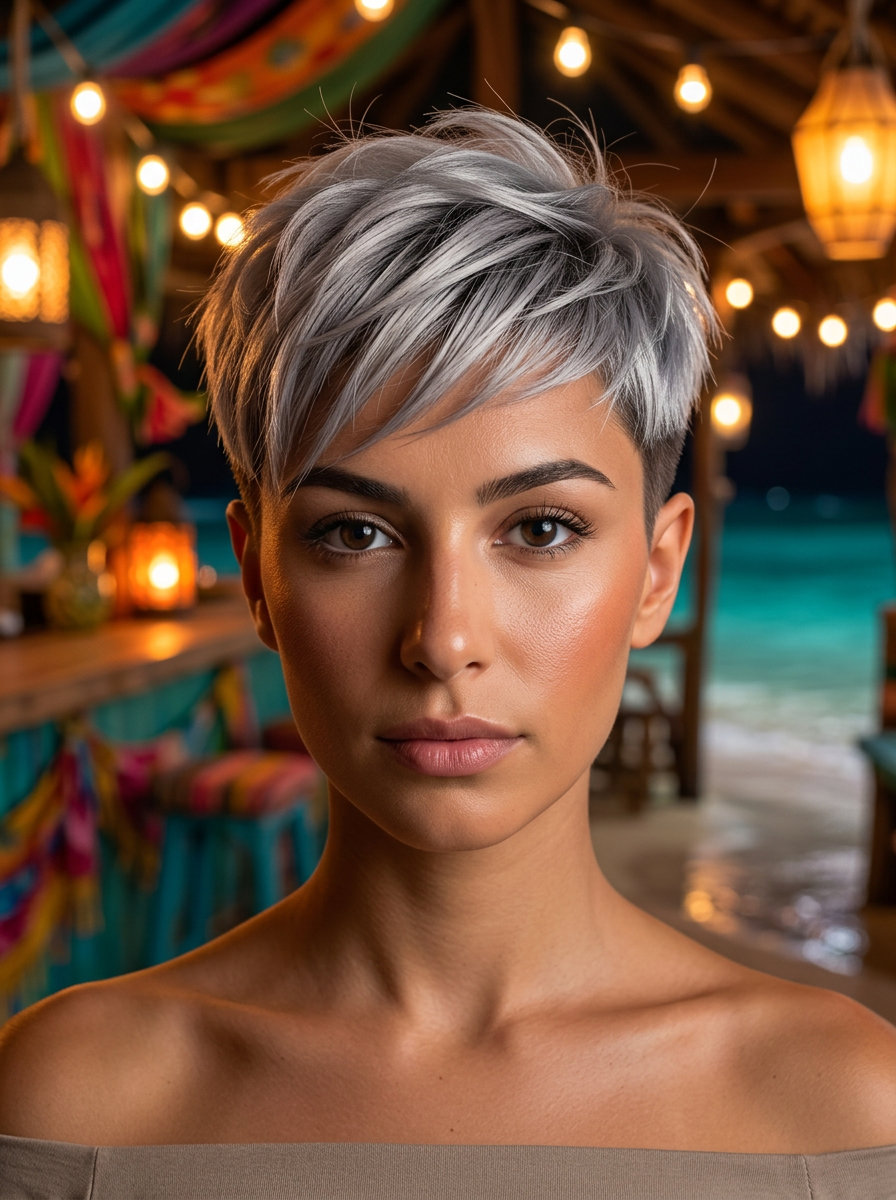 short linen grey pixie haircut with silver highlights and charcoal roots for a music festival