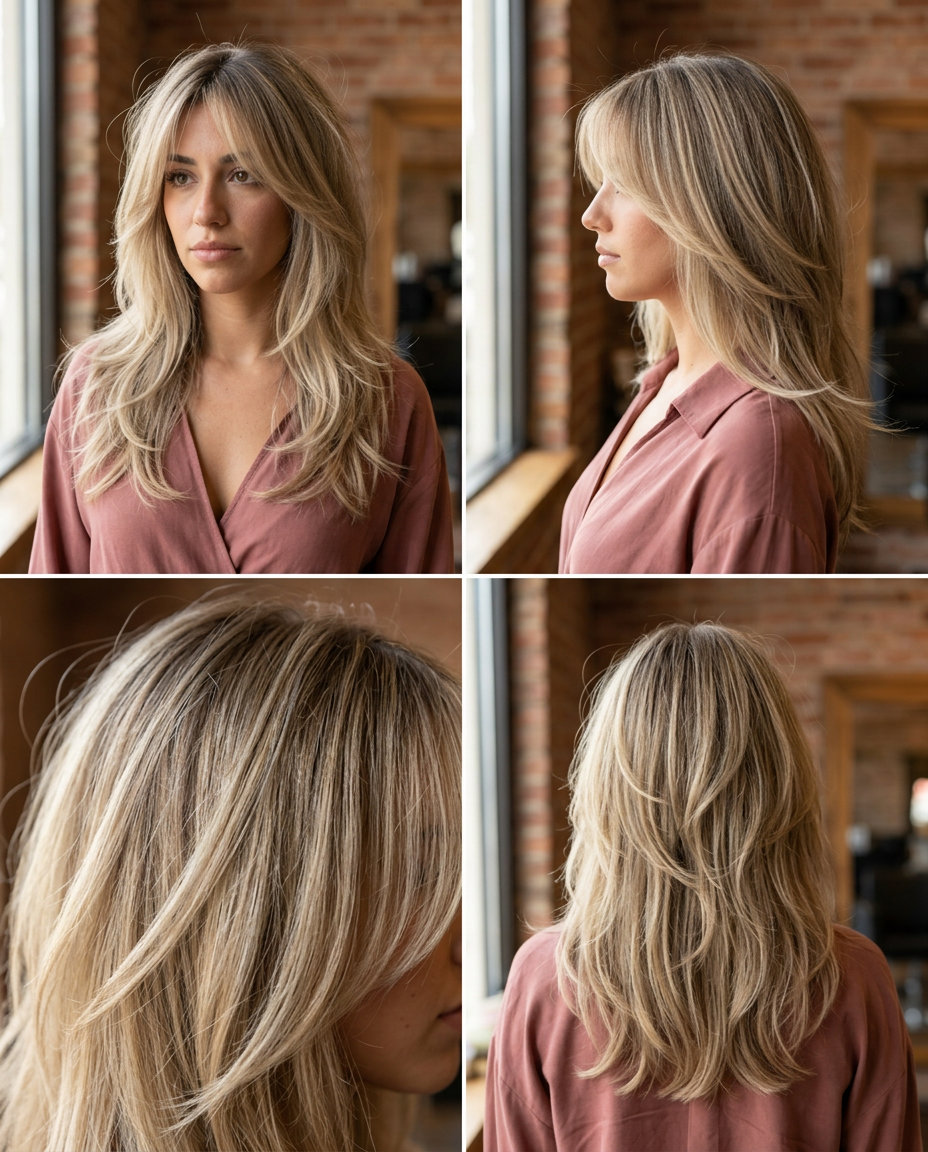 medium-length shag haircut in neutral sandy blonde, soft ash brown root, long wispy bangs — minimalist effortless