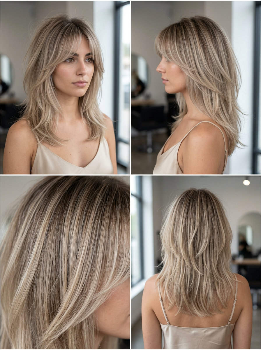 past-collarbone shag haircut in linen blonde with ash brown roots, airy layers, wispy curtain bangs — minimalist refined