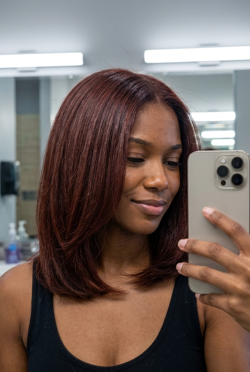 long mahogany all-over with red-violet-brown, uniform color for professional events