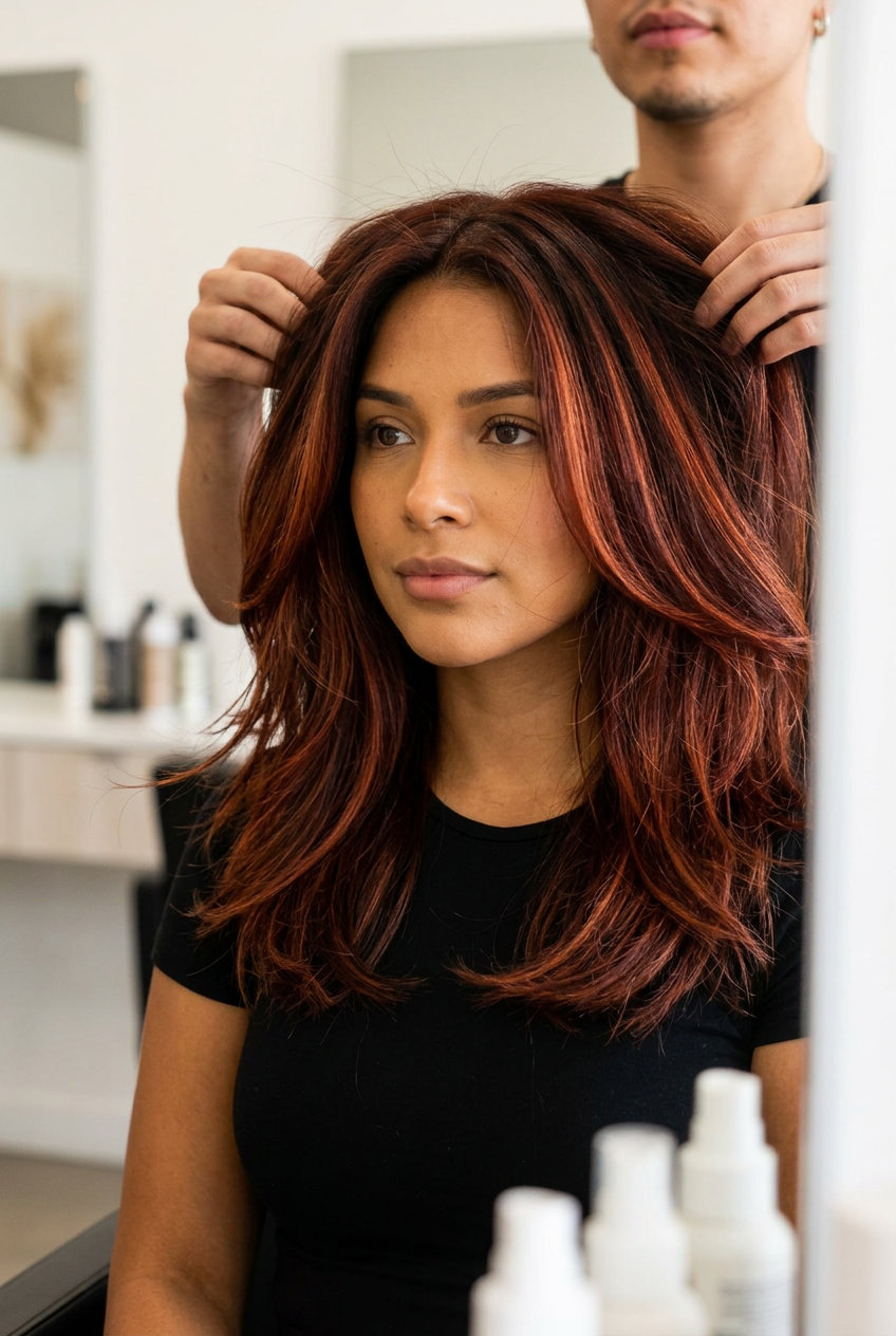 long layered mahogany spice balayage with copper-red highlights, air touch technique — bold & fiery