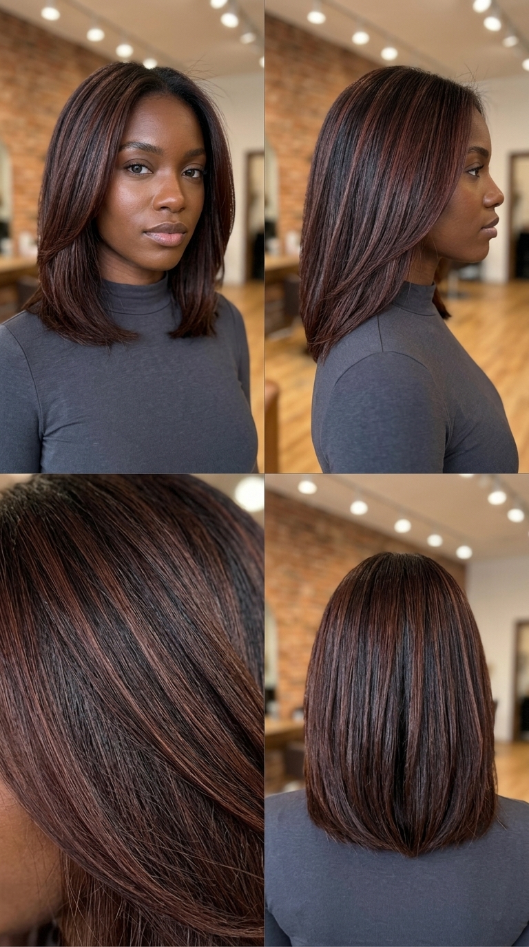 long mahogany halo highlights on dark brunette, warm reddish-brown for professional events
