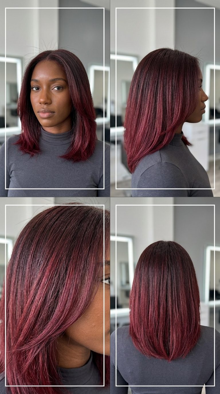 long mahogany to merlot ombre with red-violet undertones, custom color melt — glamorous date night