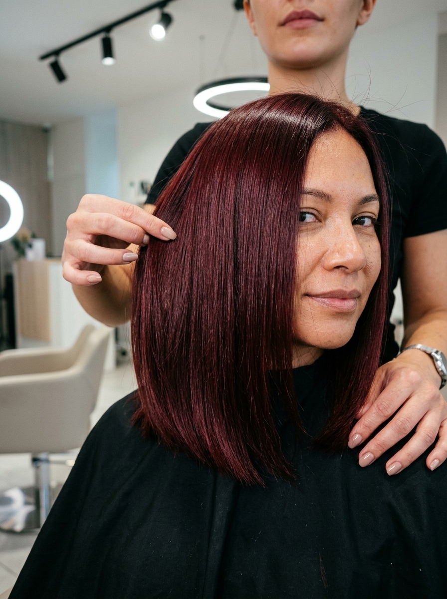 chin-length Italian bob with all-over merlot red, high-shine gloss, no fringe — glamorous formal event