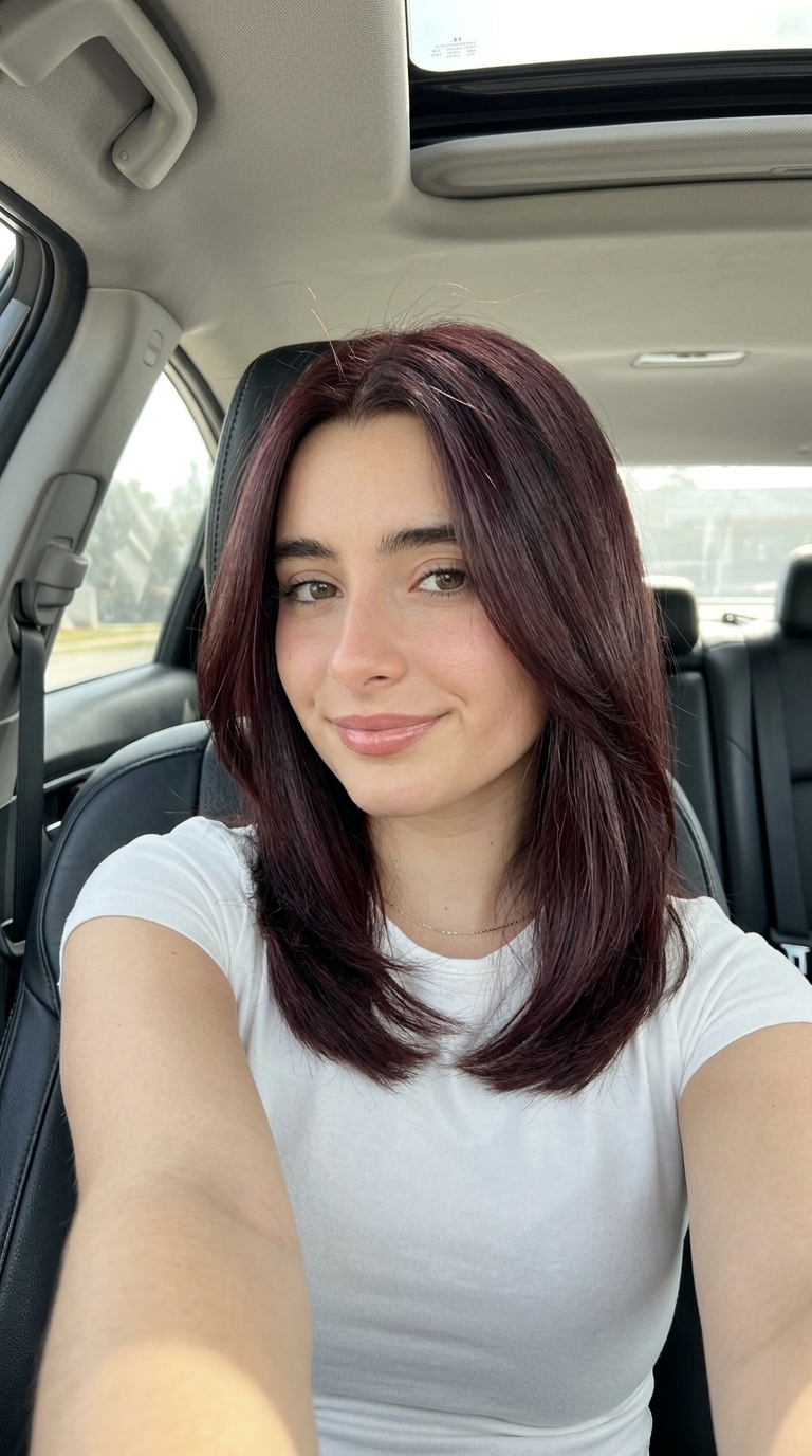 long espresso brunette gloss with merlot tint, high-shine cool undertones for summer