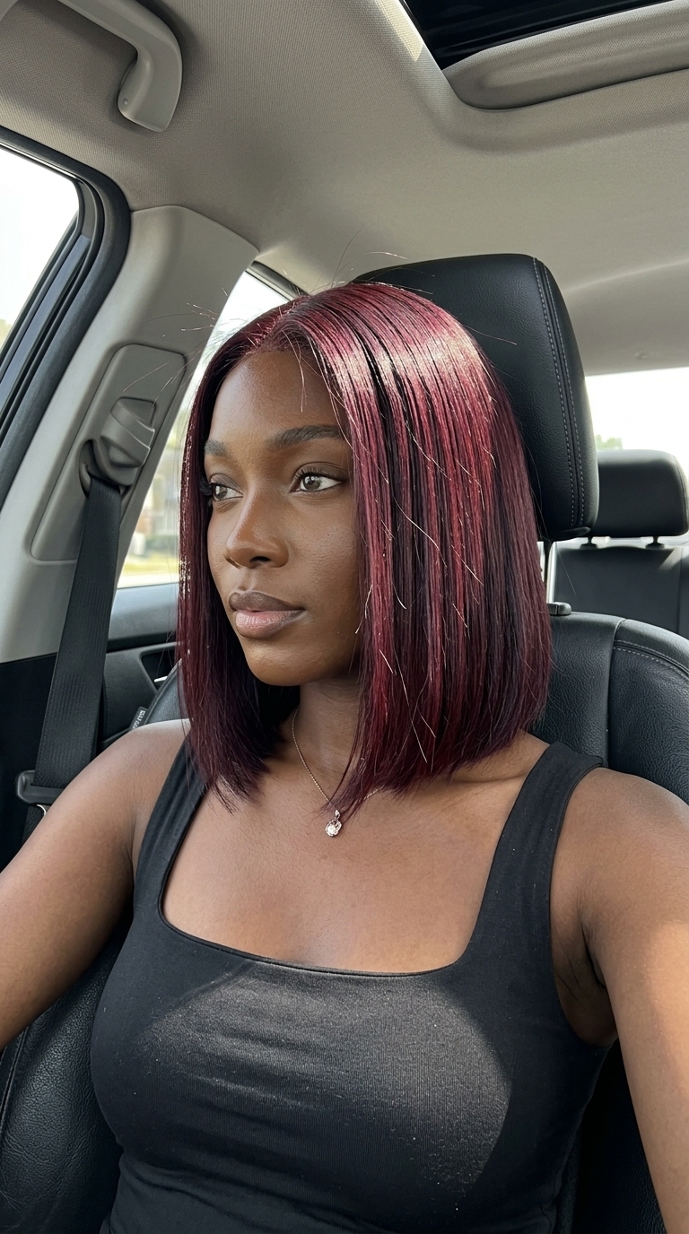 long merlot all-over with red-violet, single process gloss, no fringe — luxurious date night