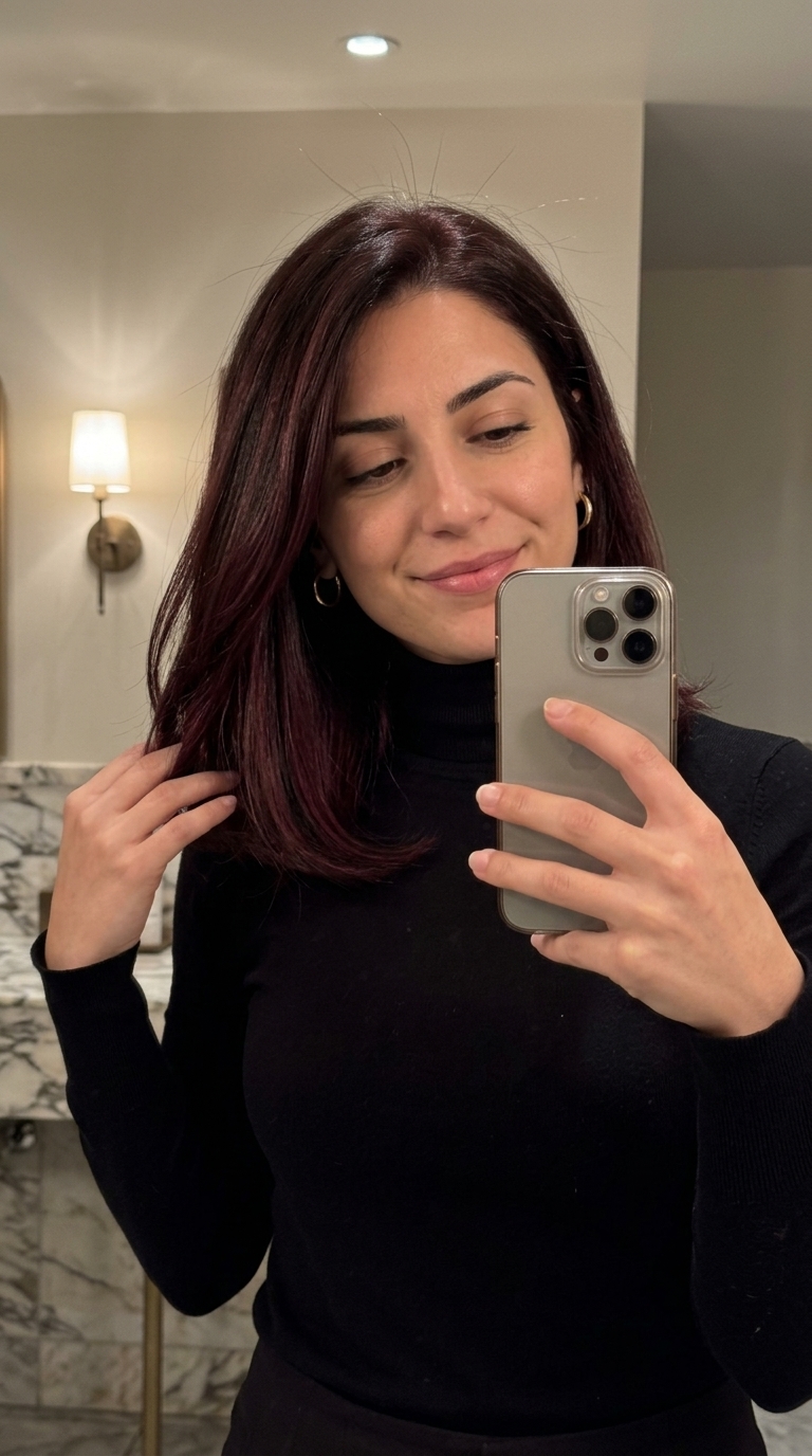 long dark chocolate brunette with merlot red-violet peekaboo, hidden panels, no fringe — mysterious date night