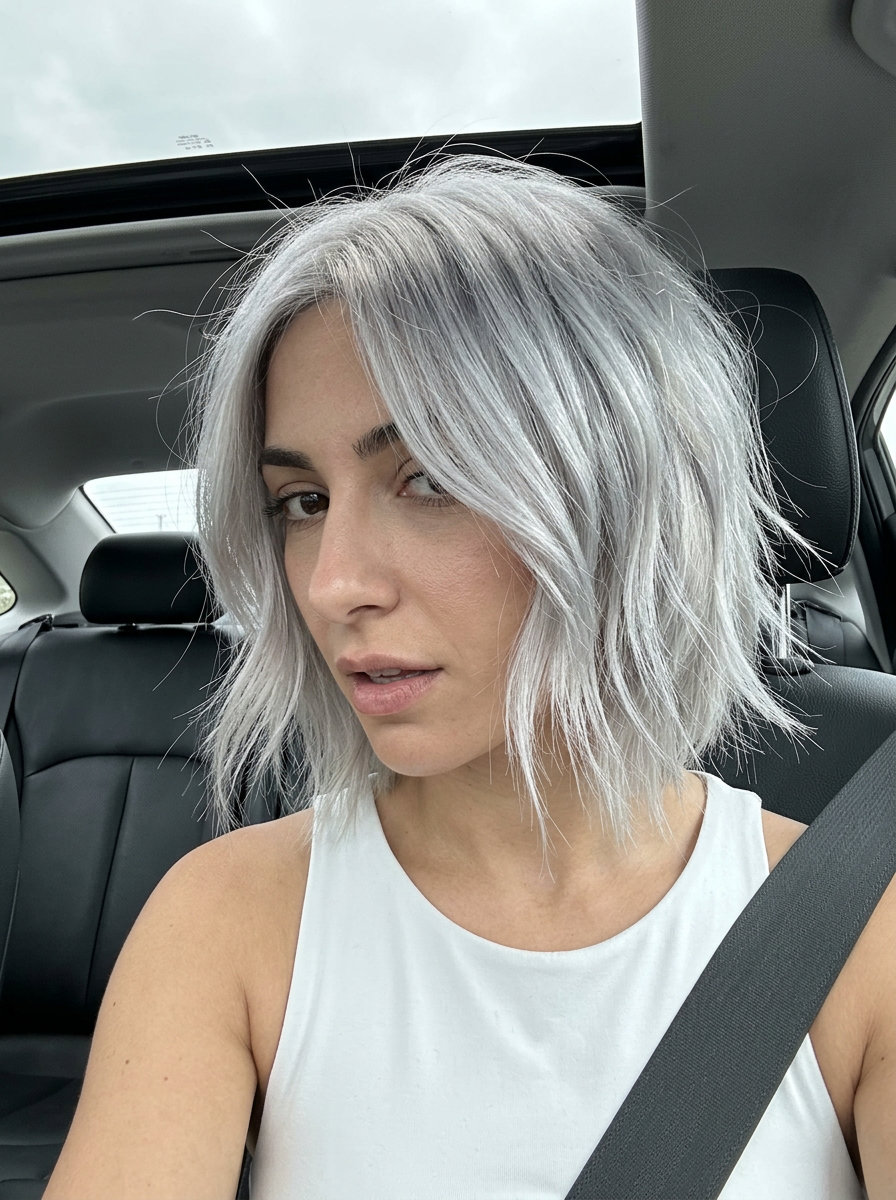 chin-length platinum bob haircut with metallic silver color and choppy layers for edgy look