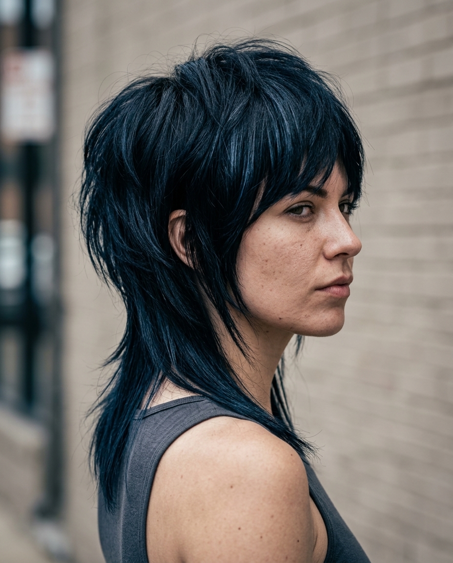 medium-length mulf in midnight blue-black with violet sheen and choppy perimeter