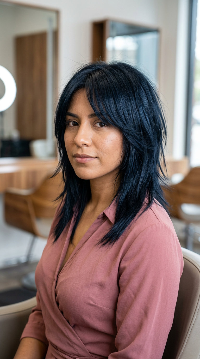 medium-length wolf cut in midnight blue-black with razored shattered ends, short crown layers, and razored curtain fringe for edgy look