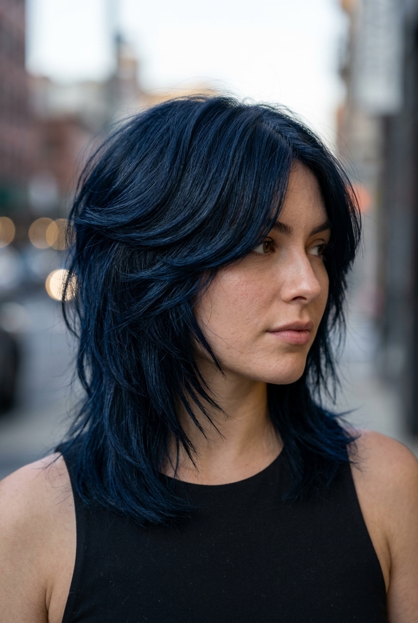 shoulder-length wolf cut in midnight blue-black with blue sheen, butterfly layers, soft texture — bold romantic edge