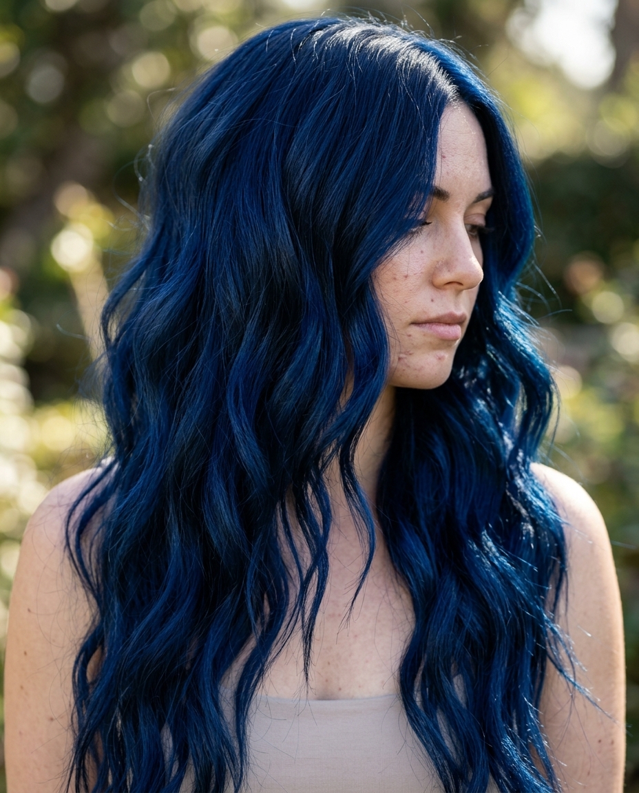 long U-cut waves with midnight blue, layered cut, no bangs — bold festival look