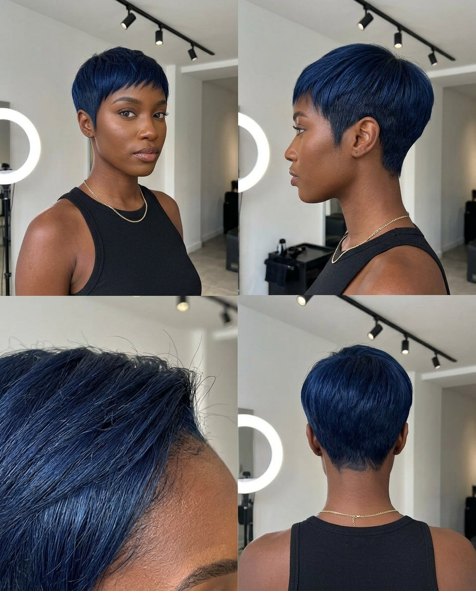 Midnight Blue Pixie Haircut 2026 very short pixie haircut in midnight blue with sapphire undertones & tapered sides for edgy style