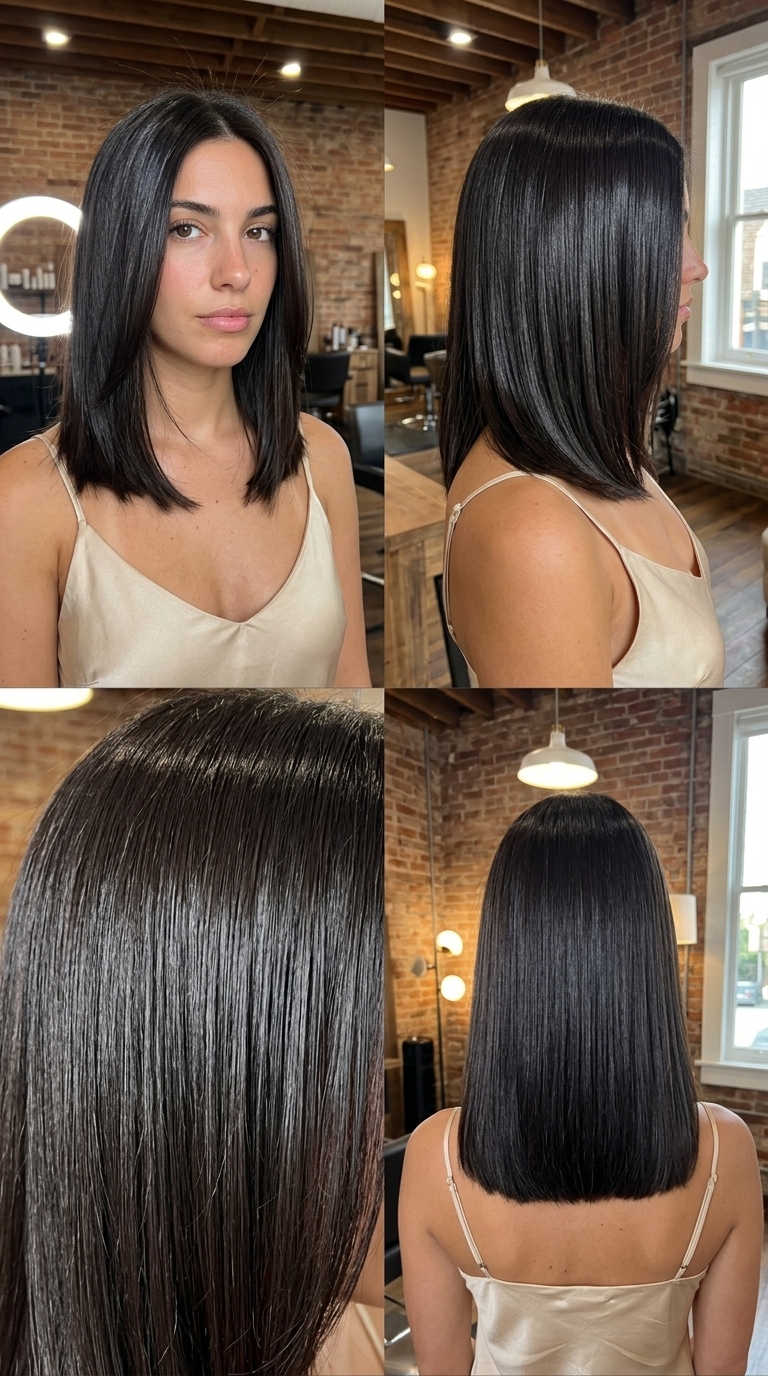 shoulder-length gloss-bomb noir all-over solid midnight brunette with high shine for work