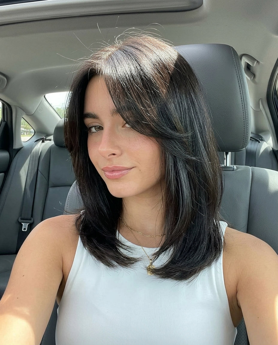 collarbone-length shag haircut in midnight espresso with ghost layers and curtain bangs for polished look