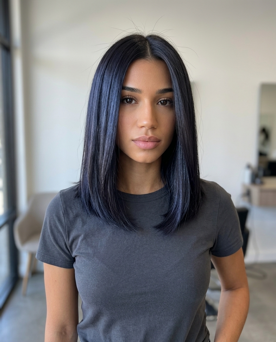 collarbone-length midnight espresso lob with U-shaped back and deep side part for chic professional