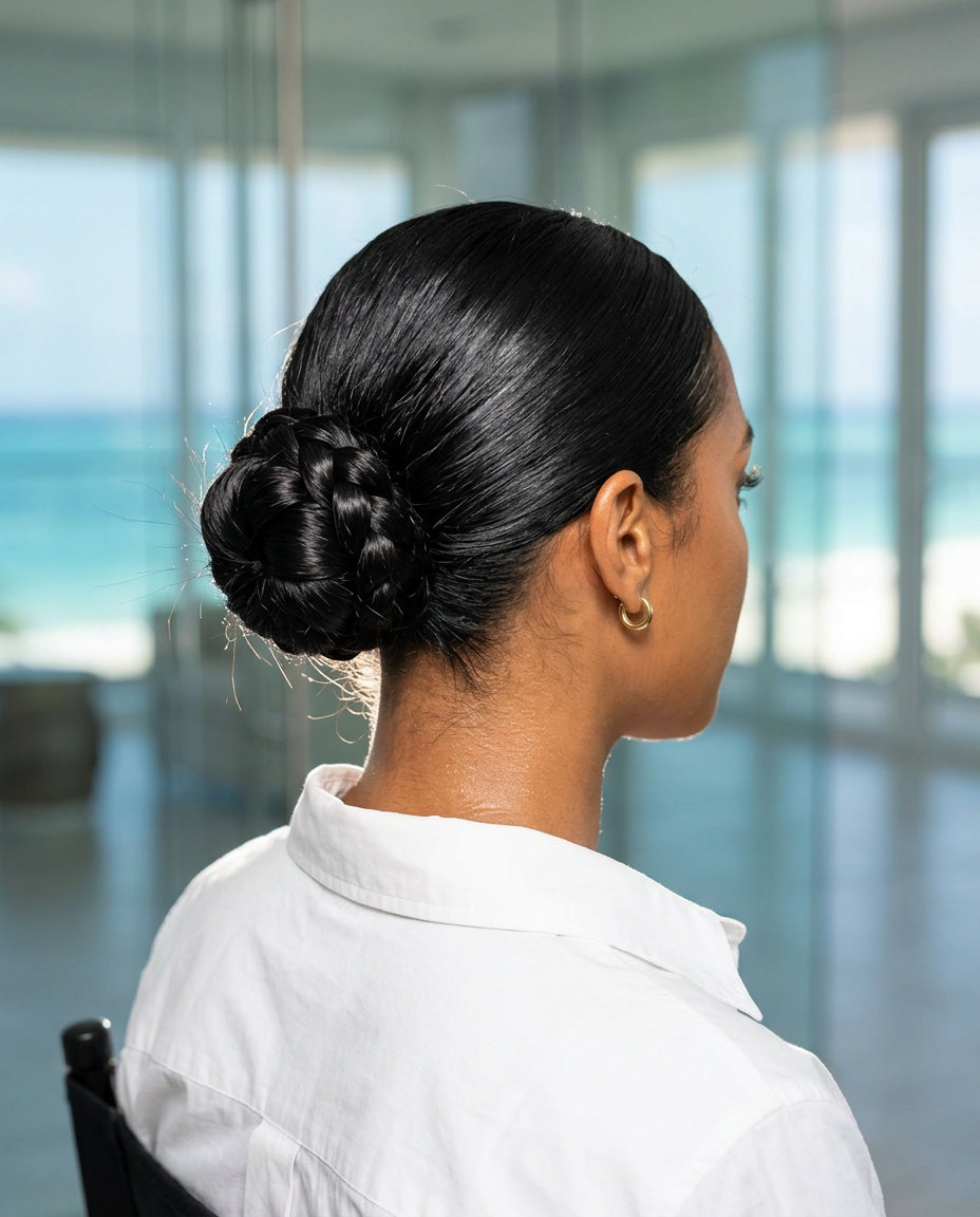 Sleek Midnight Espresso Braided Bun Updo 2026 long braided updo with midnight espresso, sleek three-strand braid and bun for professional meeting