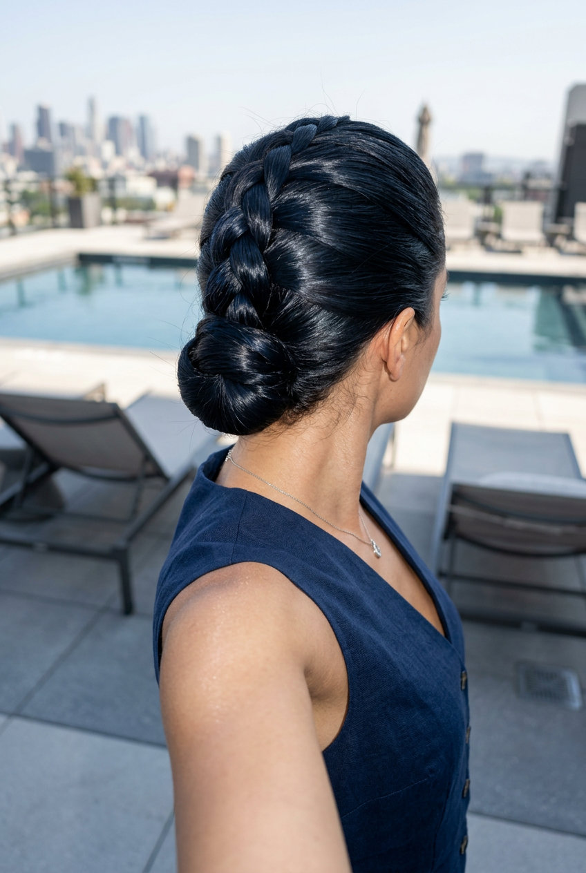 Sleek Midnight Espresso Dutch Braid Chignon 2026 long midnight espresso braided updo with blue-black undertones, tight Dutch braid chignon for graduation