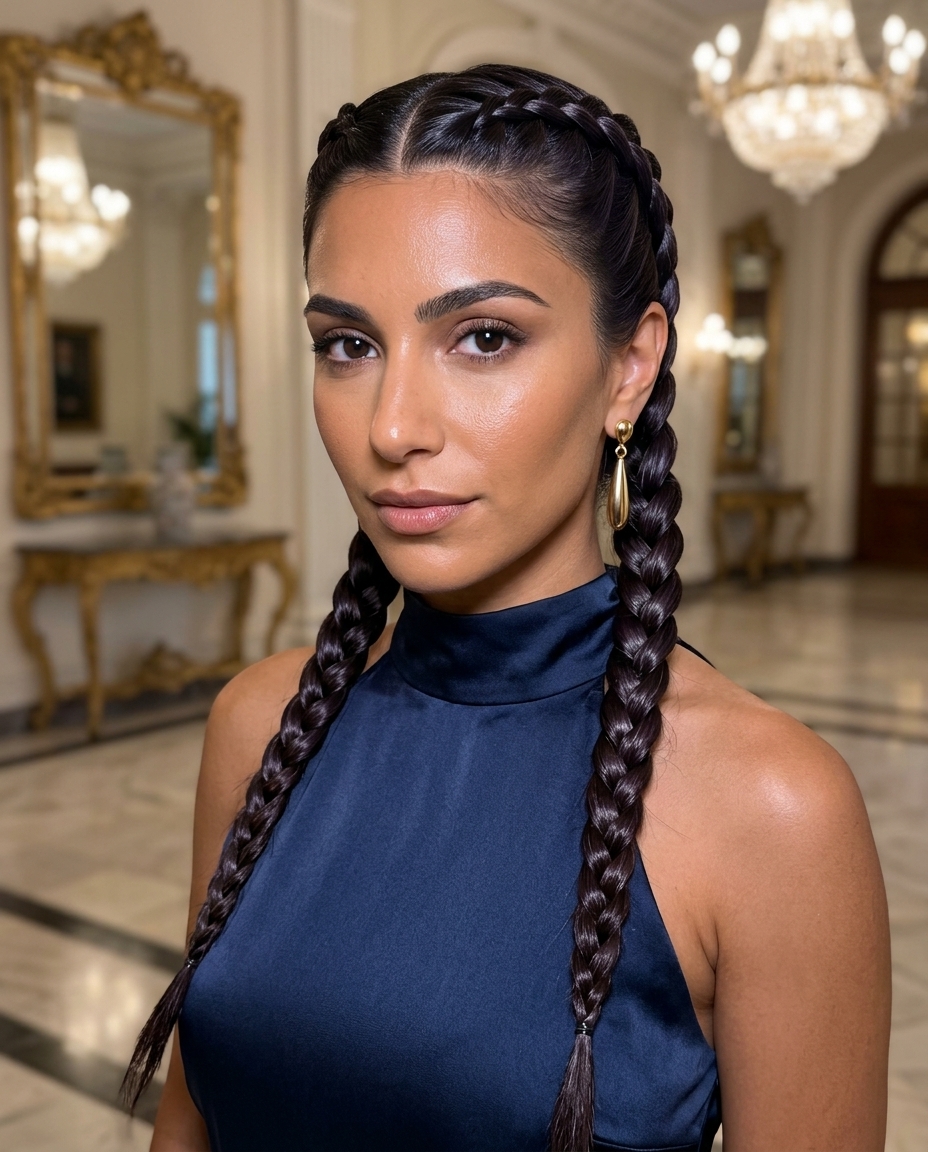 medium-long layered brunette heatless hairstyle with midnight espresso color, U-shaped back for sleek braids — corporate office