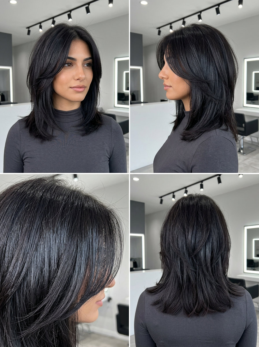 medium-length shag haircut in midnight espresso brunette, sharply defined layers, angled bangs — bold edgy