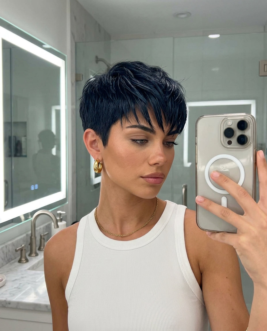 short buzz haircut in midnight espresso with blue undertones for round faces