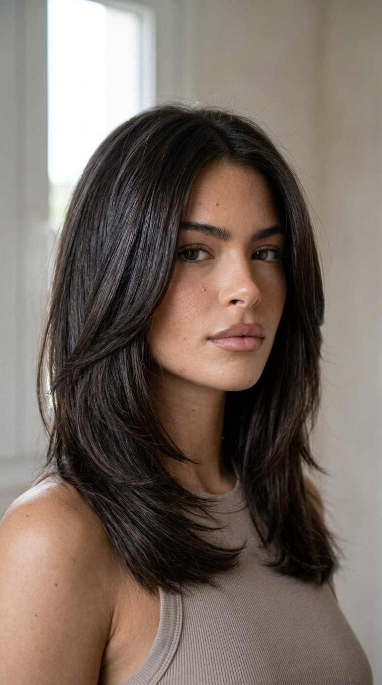 shoulder-length shag haircut in midnight espresso with blended layers and curtain bangs for professional look