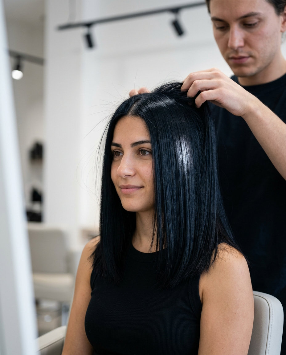 long midnight ink haircut with pure cool-toned black-brown, all-over permanent color, for edgy professional looks