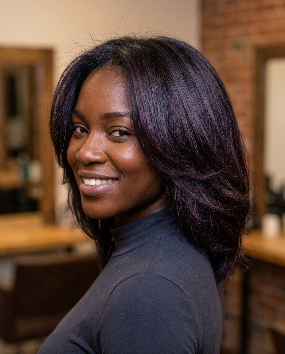 long midnight violet-brown haircut with plum iridescence, color melting, for mysterious romantic events
