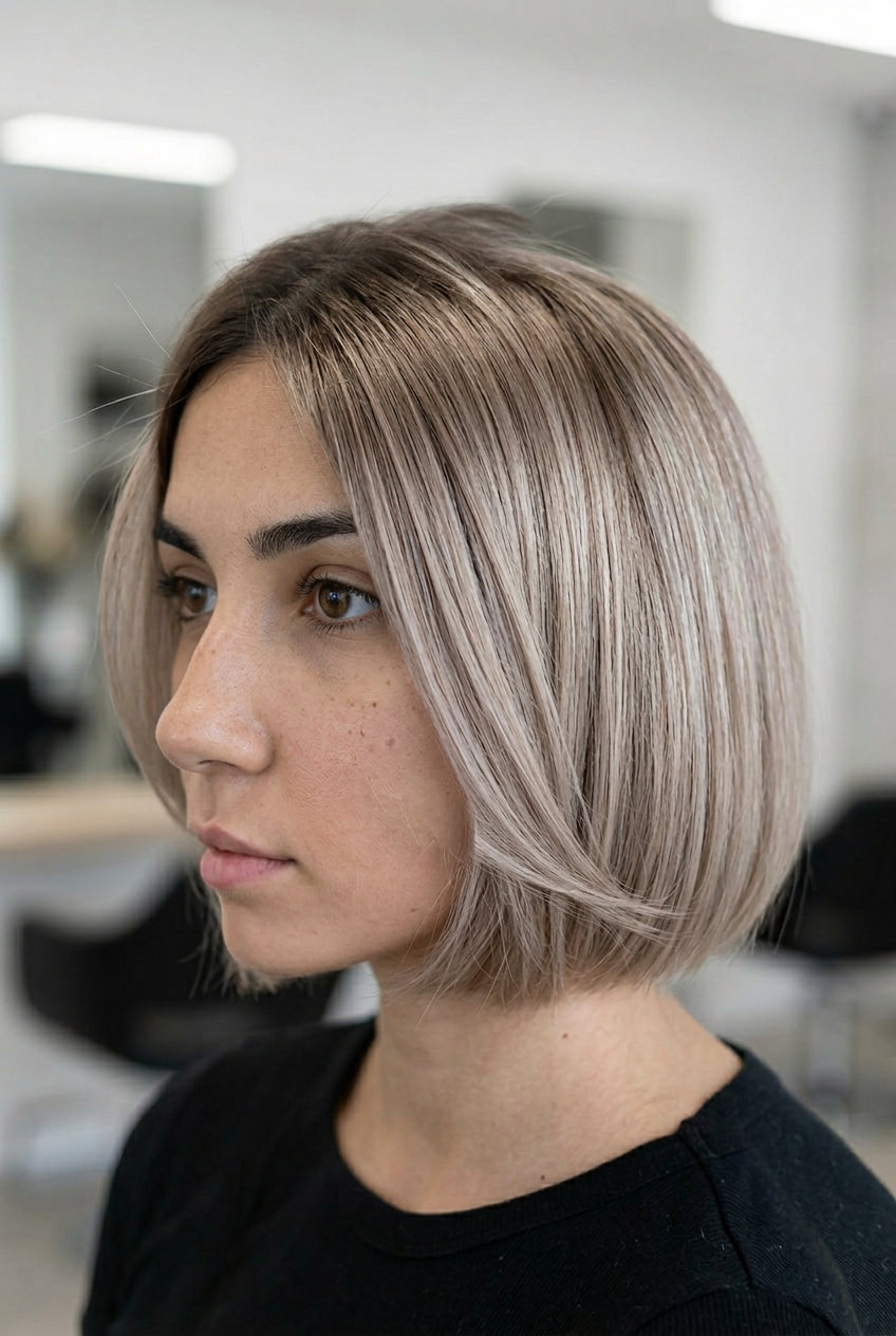 short French bob with milky ash brunette color, creamy cool brown with pearl undertones, root smudge for sophistication