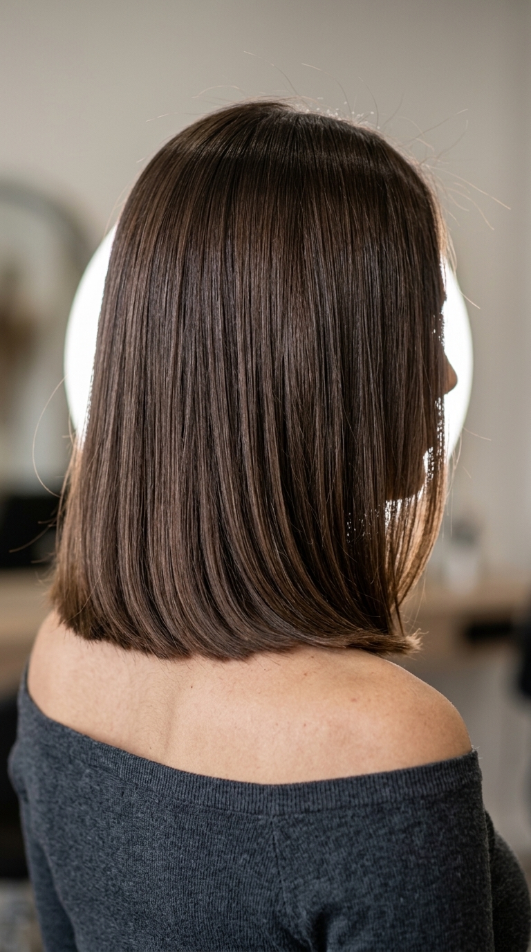 shoulder-length blunt bob haircut with glazed mocha, single process color, no fringe — sophisticated summer gala