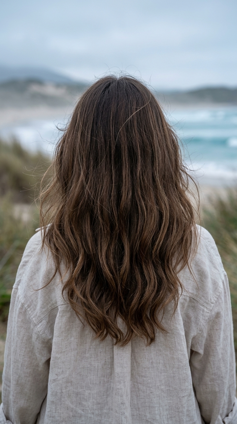 medium-long U-shaped cut heatless hairstyle with multi-tonal brunette color, subtle caramel lowlights for waves — soft romantic
