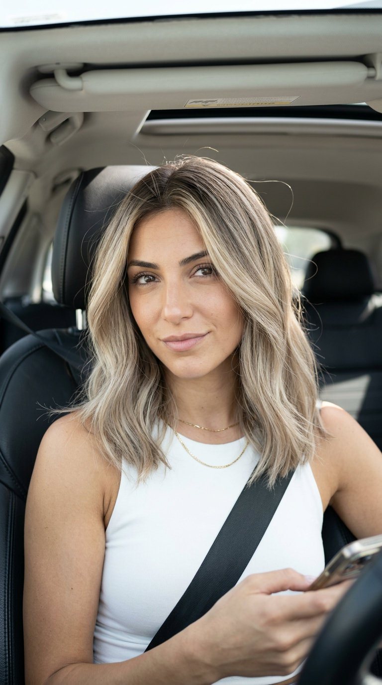long mushroom blonde air touch balayage with beige-ash highlights, cool brown root for chic brunch