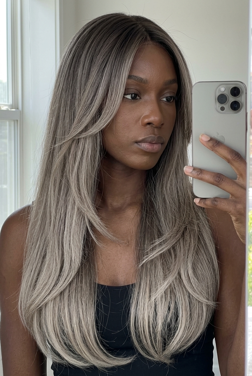 Mushroom Blonde Ombré 2026: Smoky & Ethereal long ash blonde hair with mushroom blonde ombré, smoky ash, soft internal layers — modern ethereal