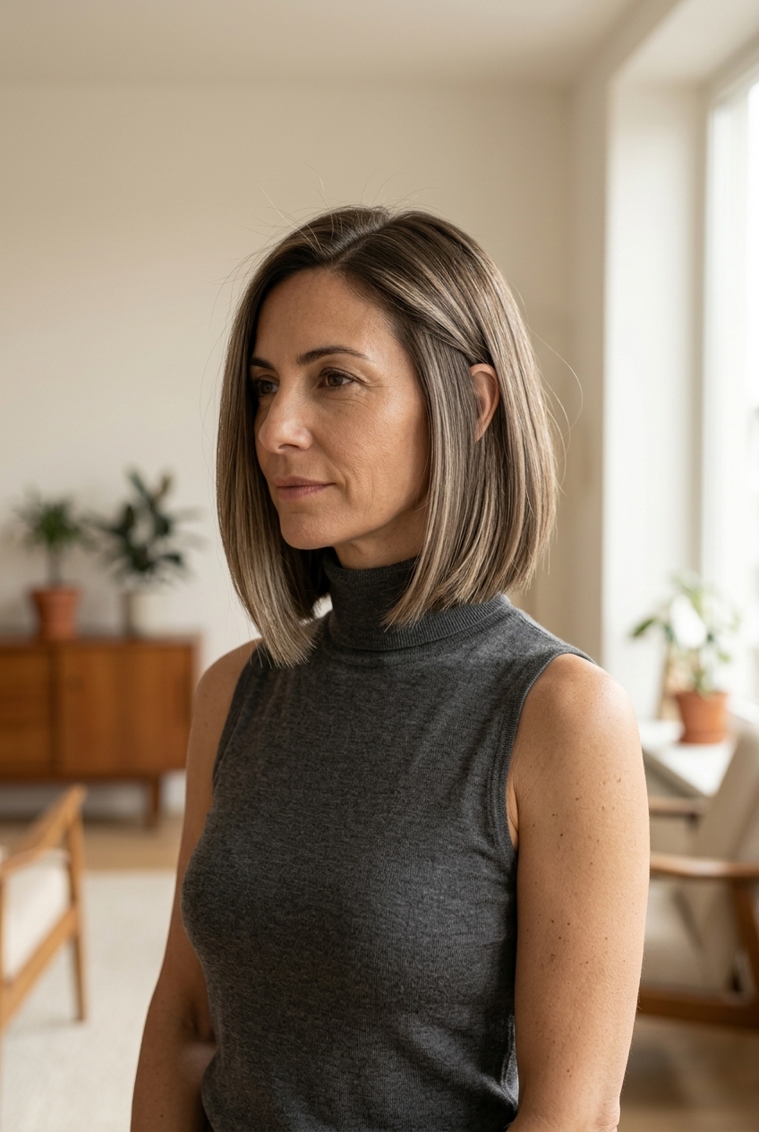 chin-length blunt bob haircut in cool mushroom bronde with taupe lowlights for summer