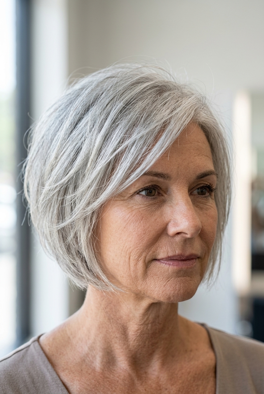 chin-length bixie haircut with mushroom bronde, ash undertones, tapered sides, soft layers — playful modern style
