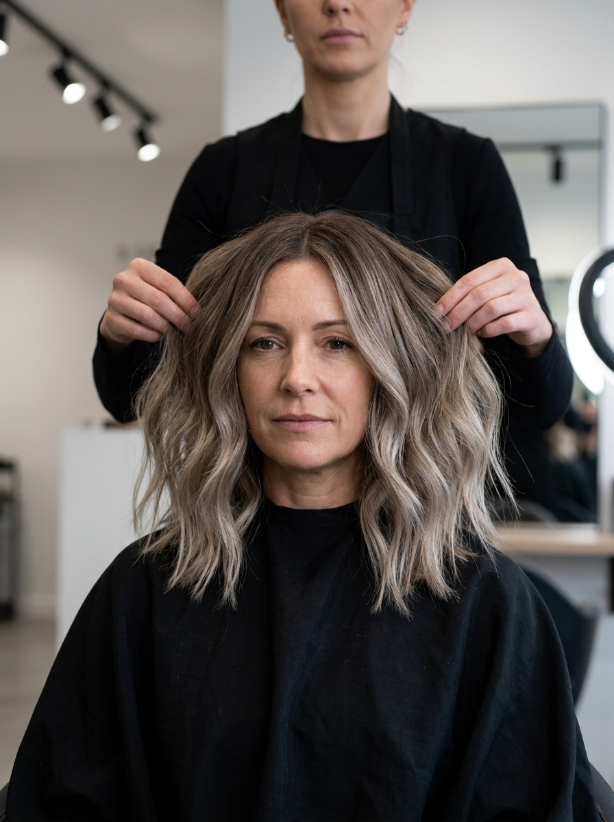 collarbone-length A-line lob haircut in mushroom bronde with cool taupe balayage for summer